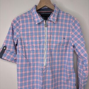 Tommy Hilfiger Shirt Medium‎ Pink Blue Check Preppy Cotton Roll Tab Top Y2K